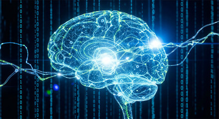 Glowing neural brain with binary data background