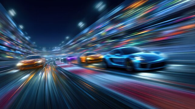 cars racing on a racetrack blurry motion  