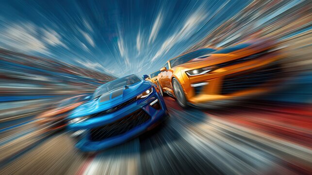 cars racing on a racetrack blurry motion  