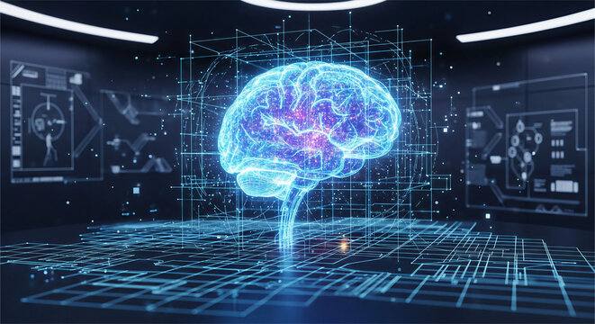  AI brain hologram with 3D grid lines - Powered by Adobe
