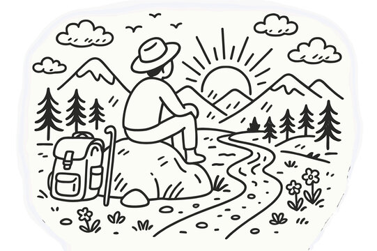 Solitary Sunset Wanderer. Solitary Traveler. Hand-drawn doodle illustration Solitary Traveler person sitting on rock, gazing at sunset, mountains, clouds,