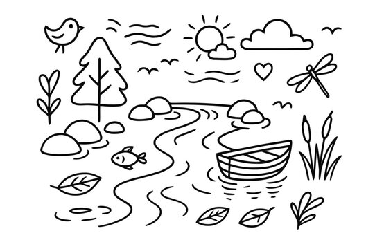 Serene River Doodle. River calmness. Hand-drawn doodle illustration river calmness flowing water, rocks, tree, leaf, fish, boat, reeds, dragonfly, bird,