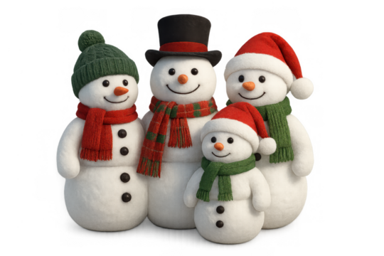Snowmen family smiling, wearing hats and scarves, celebrating winter holidays together, transparent background - Powered by Adobe
