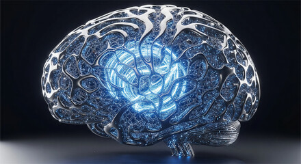 3D render of artificial brain with glowing data lines