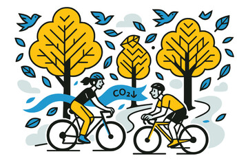 Urban Green Harmony. Green infrastructure ? Urban tree corridors. Cyclists weave through shade; birds and leaves stylize into geometric chevrons. A subtle ?CO?