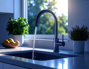 モダンなキッチンの蛇口から流れる水
