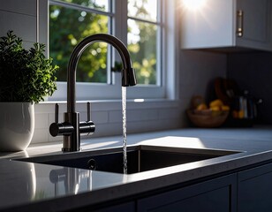 モダンなキッチンの蛇口から流れる水
