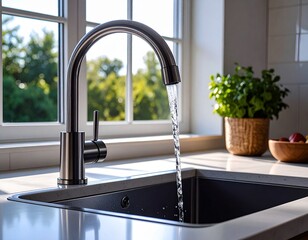 モダンなキッチンの蛇口から流れる水
