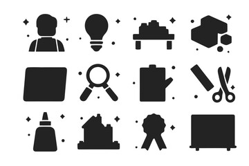 Obraz premium LEGO Workshop Icons. LEGO Creativity Workshop. Solid icons set of LEGO Creativity Workshop: instructor figure, lightbulb icon, build table, tray of bricks,