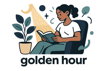 Naklejka premium Golden Hour Reading. Soft Light Rays ? Reading Nook. A single beam lights an open book; gentle dust icons swirl in the glow. Text ?golden hour?. Modern flat