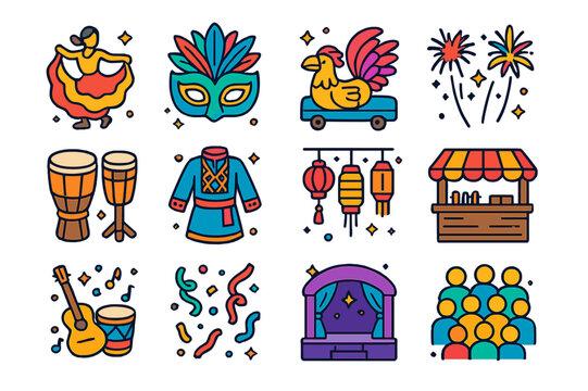 Vibrant Cultural Icons. Cultural event. Colorful isometric vector icons set of cultural event: traditional dance, festival mask, parade float, fireworks,