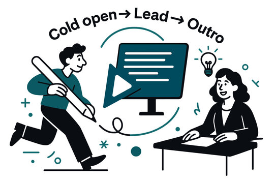 Scriptwriting Animation Elements. Scriptwriting & teleprompter. Lines of text march smoothly as a pen icon turns into a play button; ?Cold open > Lead > Outro?