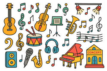 Colorful Music Doodle. Music. Colorful Hand-drawn doodle Children illustration Music guitars, violins, drums, microphones, headphones, speakers, music notes,