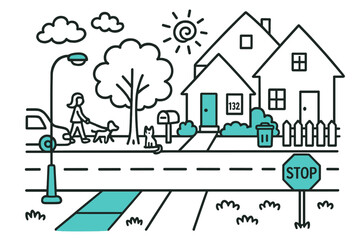 Naklejka premium Cartoon Street Scene. // Street view. Hand-drawn doodle illustration Street view [sidewalk (accented), road, streetlight (accented), parked car, mailbox, front