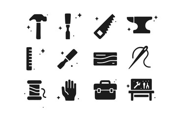Obraz premium Precision Work Icons. Precision Work. Solid icons set of Precision Work: hammer, chisel, saw, anvil, ruler, paintbrush, wood plank, sewing needle, thread