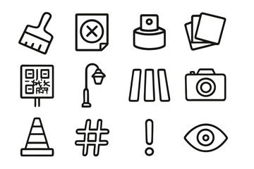 Street Art Icons. Street art activism. Line icon set of street art activism: paste brush, stencil sheet, spray cap, sticker pack, QR code sign, street lamp,
