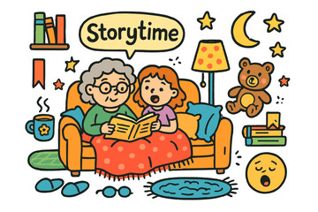 Fototapeta premium Cozy Storytime Doodles. Storytime on the sofa. Colorful Hand-drawn doodle Children illustration Storytime on the sofa open book, blanket, pillows, lamp,