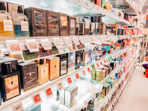 10.28.2025, Zory, Poland. Retail shelving display of men&rsquo;s fragrances in Rossmann store Poland &ndash; editorial view of perfume bottles on shelf