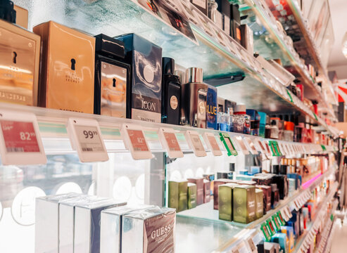 10.28.2025, Zory, Poland. Retail shelving display of men&rsquo;s fragrances in Rossmann store Poland &ndash; editorial view of perfume bottles on shelf