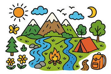 Colorful Outdoor Adventure. scenic range. Colorful Hand-drawn doodle Children illustration scenic range mountains, hills, trees, river, sun, clouds, birds,