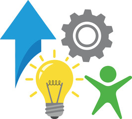 A composite vector illustration representing growth, innovation, and human potential, featuring a large blue upward arrow, a bright yellow lightbulb, a grey gear, and a green stick figure with outstre