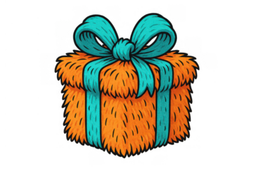 Furry monster gift box with a turquoise ribbon and bow, presenting a cheerful cartoon surprise with transparent background