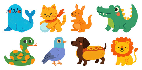 Naklejka premium PNG Colorful cartoon animal stickers, element set on transparent background