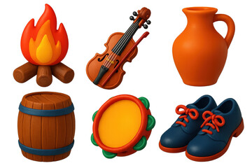 Rustic Celebration Icons. 3D icon set of rustic celebrations: bonfire, fiddle, jug, wooden barrel, tambourine, dance shoes. A set