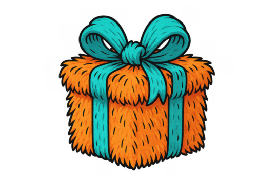 Furry monster gift box with a turquoise ribbon and bow, presenting a cheerful cartoon surprise with transparent background