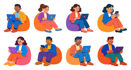 Fototapeta premium PNG Colorful cartoon people working remotely, element set on transparent background