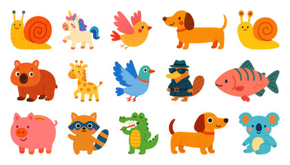Obraz premium PNG Colorful cartoon animal stickers, element set on transparent background