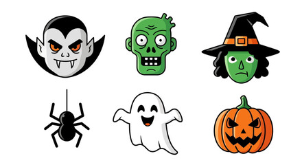 Fototapeta premium A collection of Halloween-themed cartoon icons, including a vampire, zombie, witch, spider, ghost, and jack-o'-lantern, arranged on a white background.