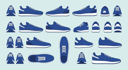 Obraz premium Collection of blue running shoes in various angles and perspectives, including side, top, front, and back views, presented on a light blue background.
