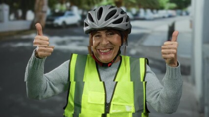 Hispanic woman wearing a bicycle helmet and safety vest gives thumbs up on a city street, showcasing vibrant positivity and outdoor enthusiasm.
