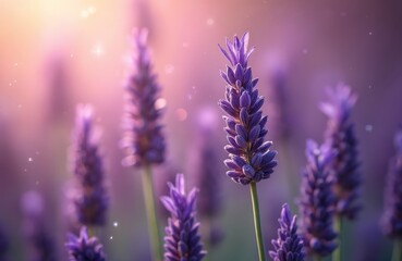 Fototapeta premium Close up of vibrant purple lavender flowers bloom in a sunny garden. Soft pink light glows in the background. A field of fragrant violet plants thrive under warm sunshine, creating a peaceful scene.