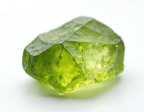 Green olivine gemstone isolated against white background. Raw peridot crystal stone shows natural texture. Rough chrysolite mineral rock for geology studies or jewelry design.