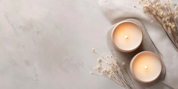 Sculptural Candles. Sculptural candles arranged elegantly on a textured surface with dried flowers, creating a serene atmosphere for relaxation and aesthetic appeal