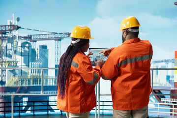 Drilling rig engineers check laptop software dashboard for anomaly detection during operation. Offshore platform workers use notebook program interface to control equipment processes remotely