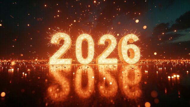A close-up of the numbers "2026" in front of a backdrop of fireworks.
