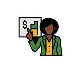 Flat vector illustration of businesswoman presenting financial data chart and dollar sign