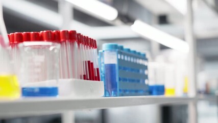 Close up of microscope in lab next to computer monitor displaying DNA data and molecular analysis interface in laboratory. Bioinformatics genomics software on PC and optical device in sterile lab - Powered by Adobe