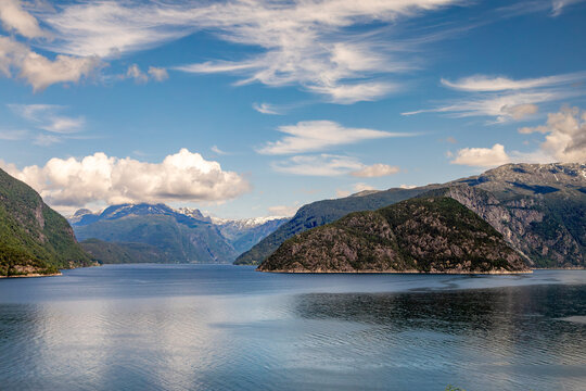 View of Mountains and Water on a Perfect Summer Day in Eidfjord, Norway