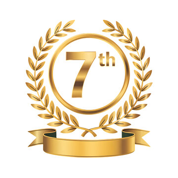 Golden 7th Place Award Badge Illustration Featuring Laurel Wreath And Ribbon Banner Vector Graphic Symbolizing Seventh Position Winner Trophy Achievement Recognition Reward Competition Victory Concept