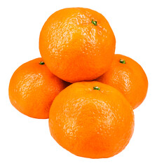 Stack of fresh ripe mandarin oranges with bright orange skin and natural shine. Studio photo of citrus fruits isolated on transparent background