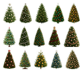 Fototapeta premium PNG Diverse decorated Christmas trees displayed, transparent background