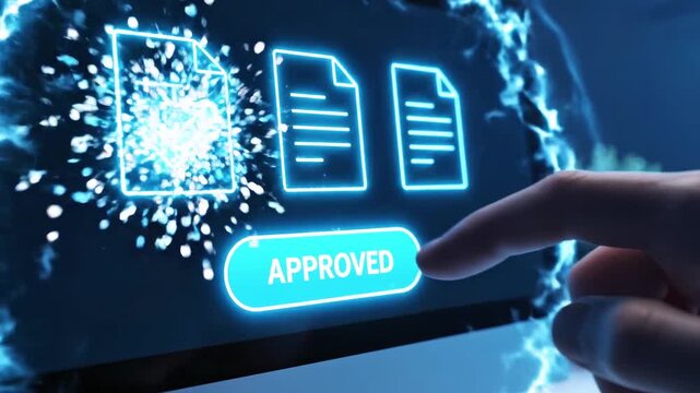 A finger presses an "APPLY" button on a screen showing three glowing document icons