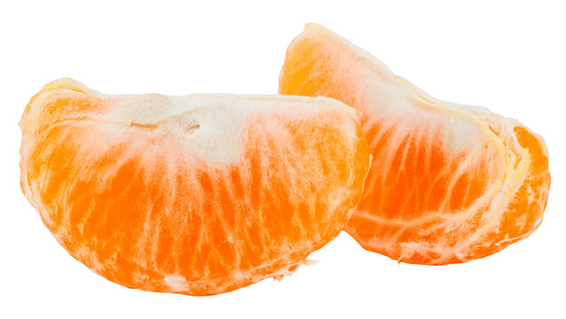 Two juicy mandarin orange slices isolated on white background. High-resolution image showing realistic citrus texture and color