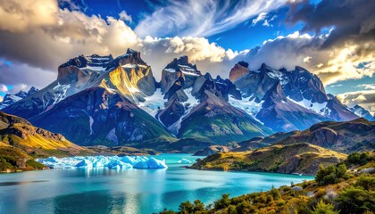 Majestic Torres del Paine mountains with glaciers and turquoise lake under dramatic skies representing adventure wilderness and pristine nature of Patagonia Chile in early summer