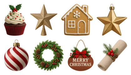 PNG Festive Christmas holiday decorations assortment, transparent background