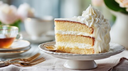 A slice of layered sponge cake with white frosting sits on a small pedestal dish with a gold-rimmed teacup and flowers in the background